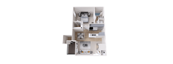 A 3D floor plan of a modern apartment with a kitchen, living room, and bedrooms.