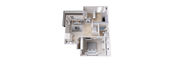 A 3D floor plan of a small apartment with two bedrooms and a living area.