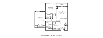 A floor plan of a small apartment with two bedrooms, one bathroom, and a balcony.