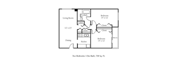 A floor plan of a 758 square foot home with two bedrooms, one bath, a living room, dining room, and kitchen.