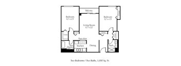 A floor plan of a small apartment with two bedrooms and two bathrooms.
