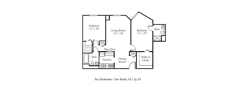A floor plan of a 913 square foot home with two bedrooms and two baths.