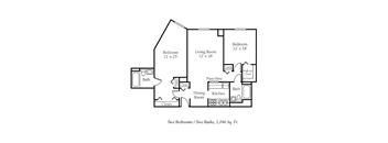 A floor plan of a 1,046 square feet home with two bedrooms and two bathrooms.
