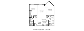 A floor plan of a 1,050 square foot home with two bedrooms and two bathrooms.