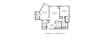 A floor plan of a 806 square foot home with two bedrooms and two bathrooms.
