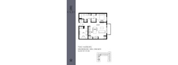 A floor plan for a two harbors home with one bedroom, den, and one bath.