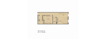 A floor plan of a one bedroom unit at 1567 Church St.