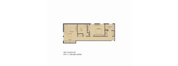 A floor plan of a one bedroom apartment with a den.