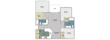 Three bed, two bath two dimensional floor plan.