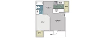 One bedroom, one bathroom 620 square feet two dimensional floor plan.