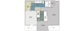 One bedroom, one bathroom two dimensional floor plan with two patios.