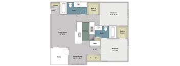 Two bedroom, one bathroom two dimensional floor plan.