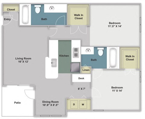 Two bedroom, one bathroom two dimensional floor plan.