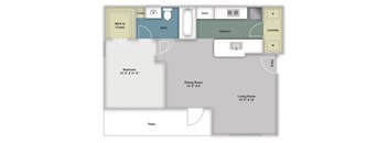 One bedroom, one bathroom two dimensional floor plan with one patio and washer/dryer connections.