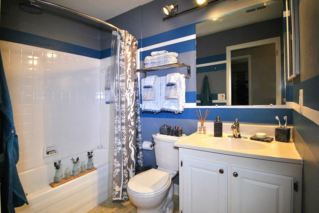 a blue and white bathroom with a shower toilet and sink at Village Club of Rochester Hills, Shelby Township, 48317