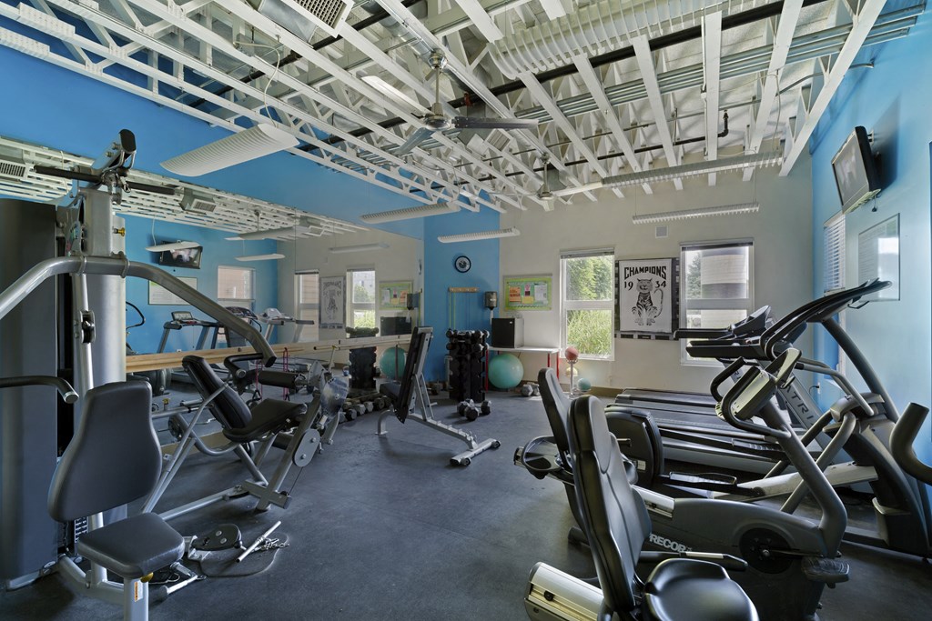 a gym with various exercise equipment in a building with blue walls at Village Club of Rochester Hills, Shelby Township, MI