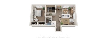 a stylized floor plan with a bedroom and a living room