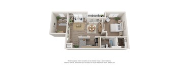 a stylized floor plan with a bedroom and a living room