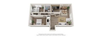 a stylized floor plan with a bedroom and a living room