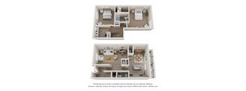 a stylized view of a 2 bedroom floor plan with an office and living room
