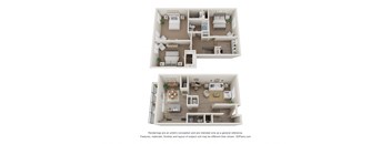 a stylized view of a 2 bedroom floor plan with a bathroom and a balcony
