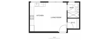 a floor plan of a studio apartment with a bedroom and a living room