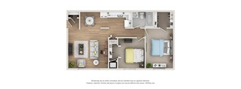 A top-down view of a well-organized apartment with a kitchen, living room, and bedroom.