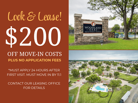 An advertisement for Woodland Oaks suburban housing development offering a $200 off move-in cost with no application fees.