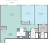 Two bed, two bath two dimensional floor plan.