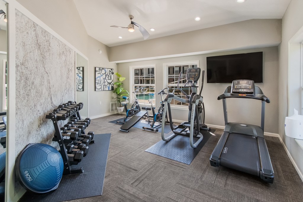 a gym with cardio equipment and a tv on the wall