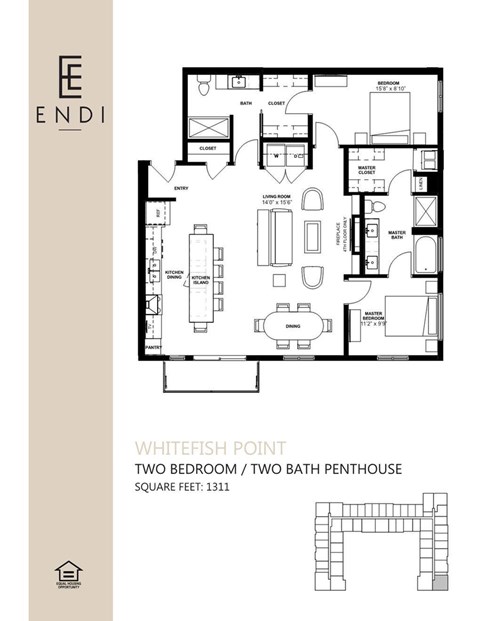 A floor plan for a two bedroom, two bath penthouse with a total area of 1311 square feet.
