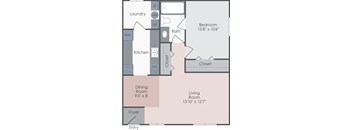 A floor plan of a home with a laundry room, kitchen, dining room, living room, and bedroom.