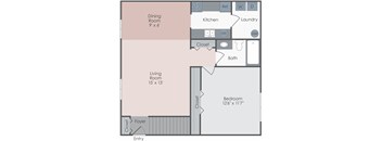 A floor plan of a small apartment with a living room, dining room, kitchen, bathroom, and bedroom.