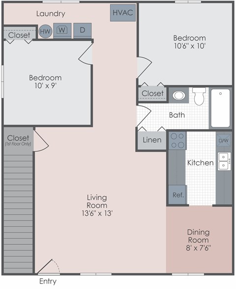 A floor plan of a home with a laundry room, two bedrooms, a living room, a dining room, a kitchen, a bathroom, and a reference room.