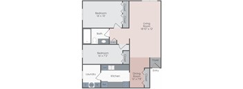 A floor plan of a small apartment with two bedrooms, a living room, a dining room, a kitchen, a laundry room, a foyer, and a bathroom.