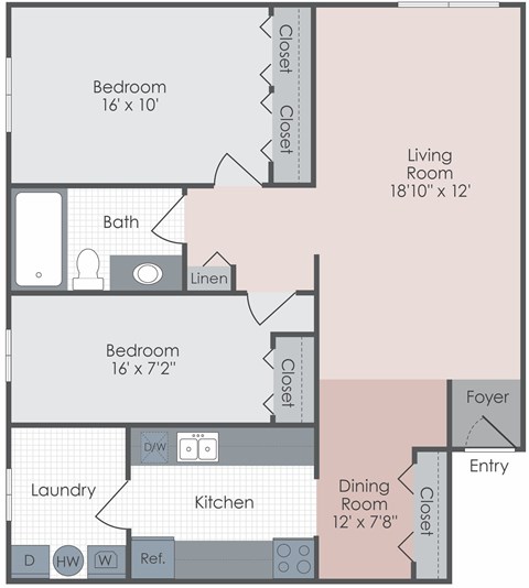 A floor plan of a small apartment with two bedrooms, a living room, a dining room, a kitchen, a laundry room, a foyer, and a bathroom.