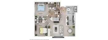 A floor plan of an apartment with a master bedroom, living room, and kitchen.