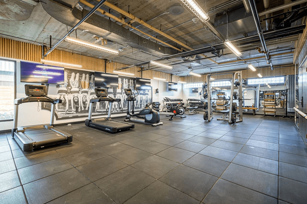 a gym with weights and cardio equipment in a building at City Club Apartments Lafayette Park, Detroit, Michigan
