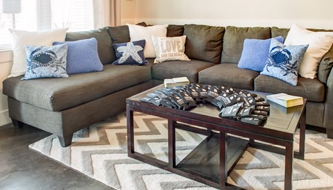 A living room with a grey couch and a coffee table.