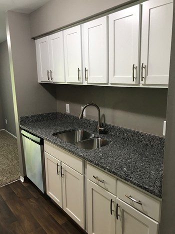 Galley-Style Kitchen With Stainless Appliances Grey walls with white cabinetry on top and grey countertops. White cabinetry on the bottom and stainless steel dishwasher at the far end. Stainless steel sink with steel fixture along with dark hardwood-like flooring. - Photo Gallery 4