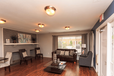 A living room with a fireplace and a couch.