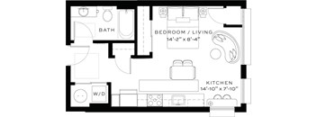 A floor plan of a small apartment with a bedroom, living room, kitchen, and bathroom.