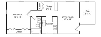 A floor plan of a small apartment with a bedroom, living room, kitchen, and closet.