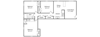 A floor plan of a small apartment with three bedrooms, a living room, a kitchen, and a bathroom.