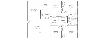A floor plan of a house with a living room, two bedrooms, a family room, a kitchen, a dining room, and closets.