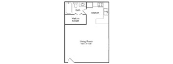 A drawing of a living space with a kitchen, bathroom and walk-in closet.