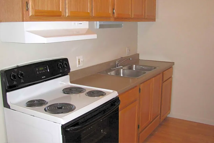 Kitchen with electric stove and double sink