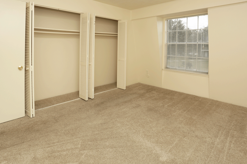 Carpeted bedroom with double closets