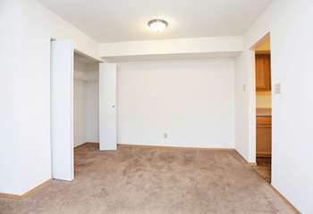 Dining room with white walls and tan carpeting. There is a closet to the left and a kitchen to the right. - Photo Gallery 4