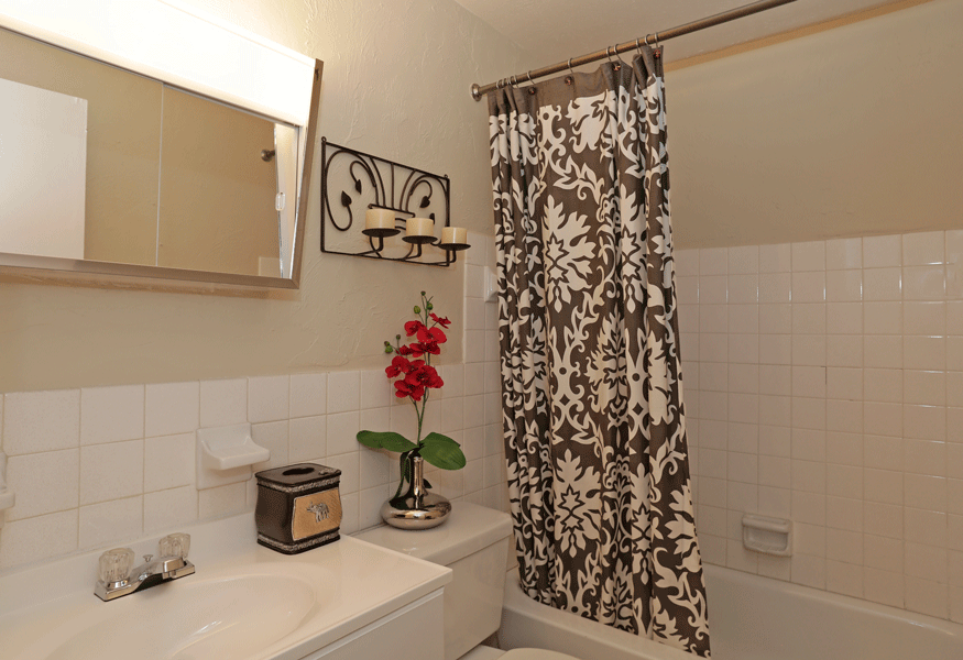 a bathroom with a black and white shower curtain